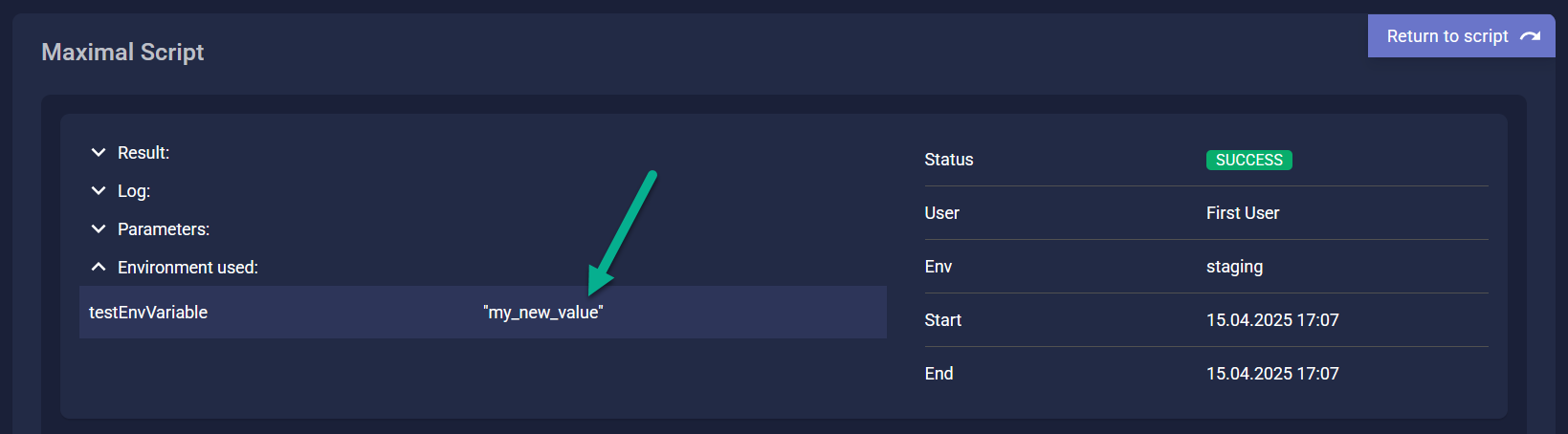 Env variable in script result history